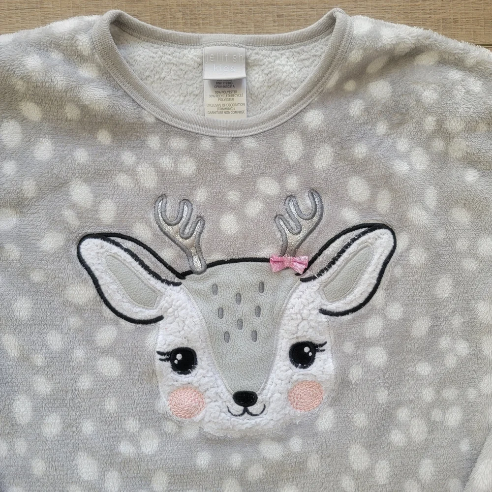 Jellyfish Girls Large Fleece Nightgown Gray Polkadotted Deer Cozy Pajamas